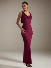 Burgundy Satin Sheath/Column Cowl Neck Sleeveless Floor Length Dress
