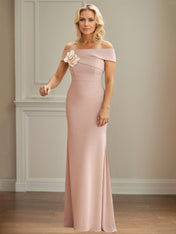 Off the Shoulder Satin Blush Mother of the Bride Dress with 3D Flower