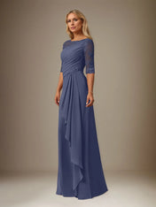 A Line Chiffon Boat Neck 1/2 Sleeves Floor Length Pleated Mother of the Bride Dresses With Appliques