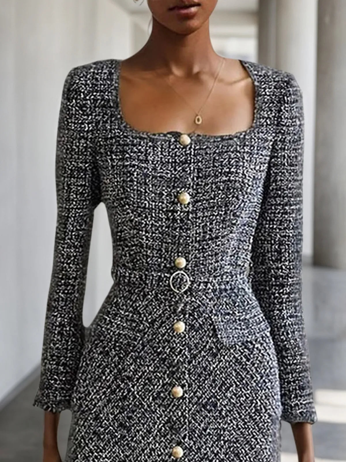 Black Buckle Square Neck Long Sleeve A-Line Midi Tweed Blazer Dress