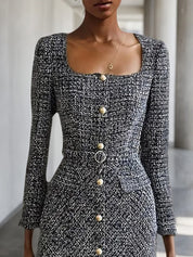 Black Buckle Square Neck Long Sleeve A-Line Midi Tweed Blazer Dress