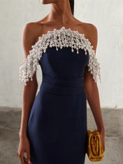 Dark Blue Off The Shoulder Imitation Pearls Mermaid Midi Dress