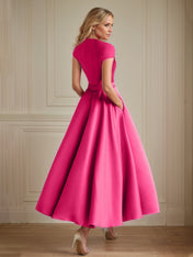 Hot Pink Satin A Line V Neck Short Sleeves Ankle Length Mother of the Bride Dresses