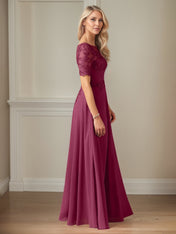 A Line Chiffon Scoop Neck Short Sleeves Floor Length Mother of the Bride Dresses With Appliques