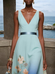 Light Blue Floral Chiffon V Neck Sleeveless A-Line Midi Dress