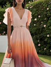 Orange Rhinestone Pleated Chiffon V Neck Sleeveless Ruffle Sleeve A-Line Maxi Dress