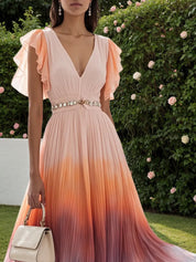 Orange Rhinestone Pleated Chiffon V Neck Sleeveless Ruffle Sleeve A-Line Maxi Dress