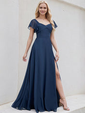 Navy Blue Chiffon A Line V Neck Short Sleeves Floor Length Bridesmaid Dress