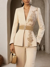 Women Apricot Applique V Neck Long Sleeve Two-Piece Set With Belt