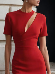 Red Hollow Out Classic Crew Neck Short Sleeve Sheath Midi Dress