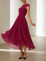 Red Lace Chiffon Crew Neck Cap Sleeve A-Line Maxi Dress