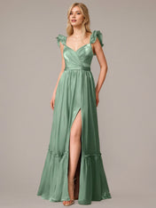 Green A Line V Neck Sleeveless Floor Length Dresses With Ruffles