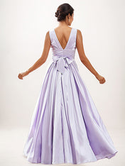 Lilac A-Line Satin Ruffles V-Neck Sleeveless Floor-Length Bridesmaid Dresses