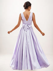 Lilac A-Line Satin Ruffles V-Neck Sleeveless Floor-Length Bridesmaid Dresses