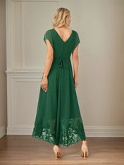 A Line V Neck Flutter Sleeve Ankle Length Chiffon Dress With Appliques