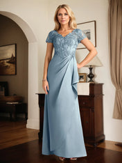 A Line Satin V Neck Short Sleeve Floor Length Dress With Appliques