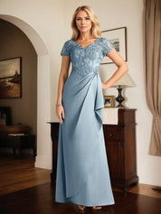 A Line Satin V Neck Short Sleeve Floor Length Dress With Appliques