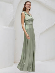 Sage Satin A Line One Shoulder Sleeveless Floor Length Bridesmaid Dresses With Bow