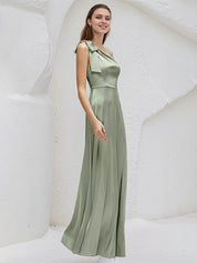 Sage Satin A Line One Shoulder Sleeveless Floor Length Bridesmaid Dresses With Bow