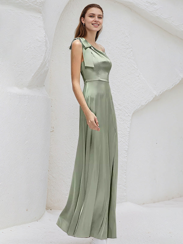 Sage Satin A Line One Shoulder Sleeveless Floor Length Bridesmaid Dresses With Bow