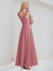 Desert Rose Chiffon A Line V Neck Sleeveless Floor Length Bridesmaid Dress With Ruffle