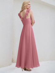 Desert Rose Chiffon A Line V Neck Sleeveless Floor Length Bridesmaid Dress With Ruffle