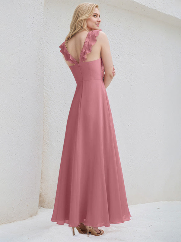 Desert Rose Chiffon A Line V Neck Sleeveless Floor Length Bridesmaid Dress With Ruffle