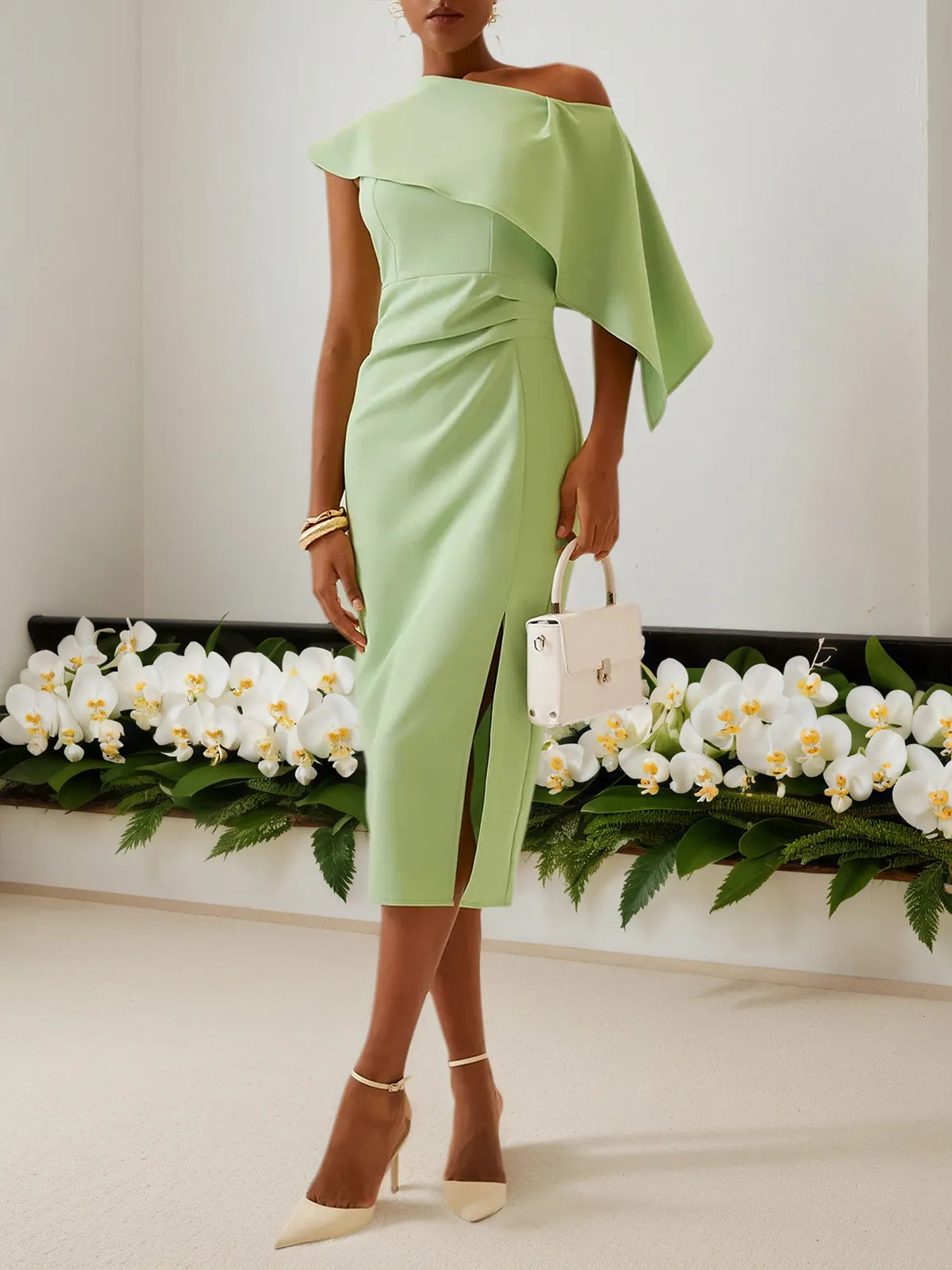 Green One-Shoulder Ruched Sheath Midi Dress
