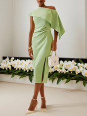 Green One-Shoulder Ruched Sheath Midi Dress