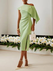 Green One-Shoulder Ruched Sheath Midi Dress