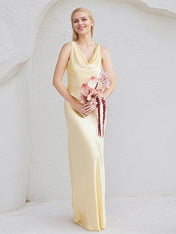 Champagne Satin Sheath/Column V Neck Floor Length Bridesmaid Dress