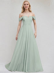 Agave Chiffon A Line Off the Shoulder Sleeveless Floor Length Bridesmaid Dress