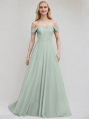 Agave Chiffon A Line Off the Shoulder Sleeveless Floor Length Bridesmaid Dress