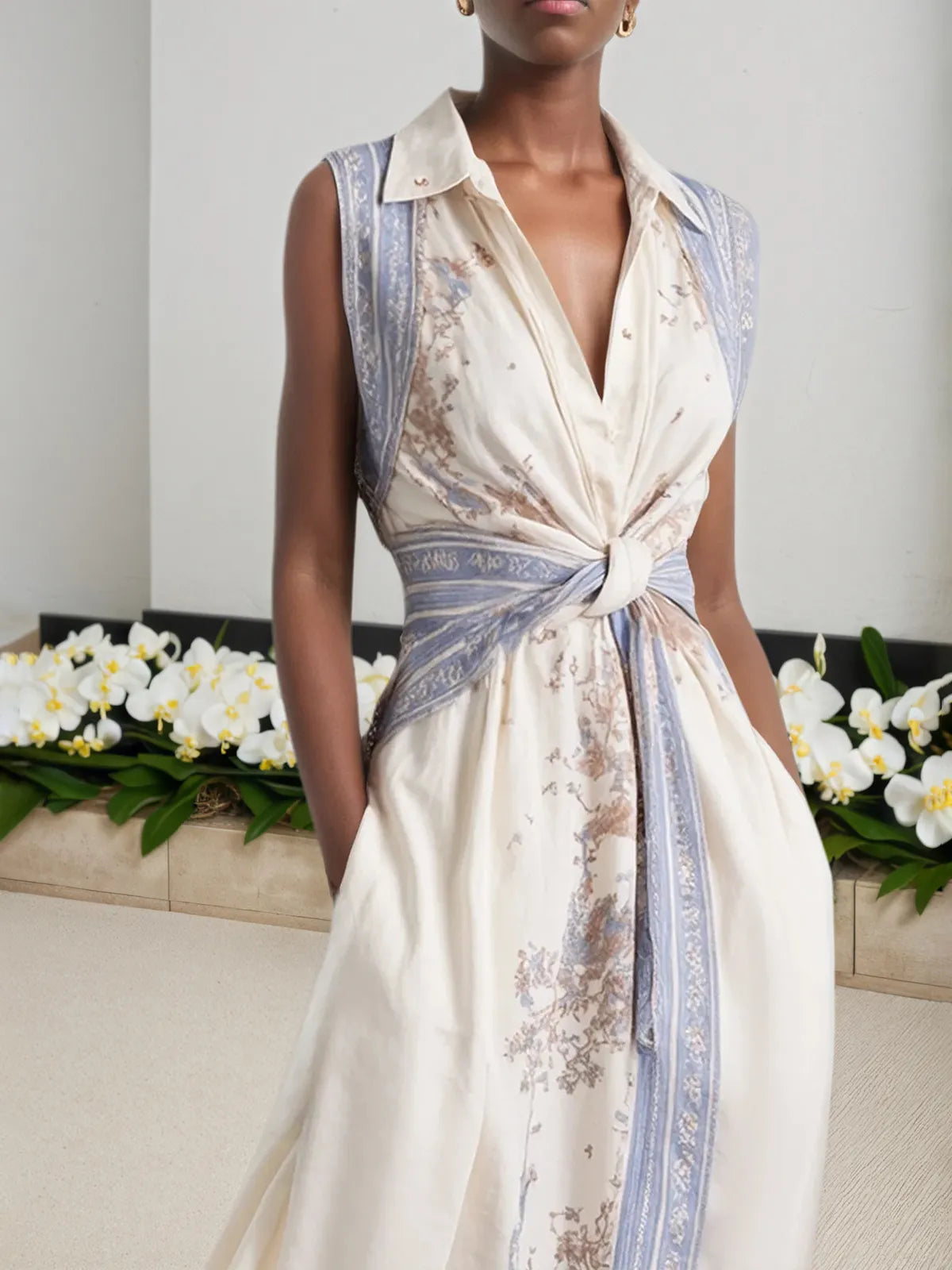 Blue Buckle Knot Front Shirt Dress Shirt Collar Sleeveless A-Line Maxi Dress