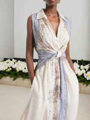 Blue Buckle Knot Front Shirt Dress Shirt Collar Sleeveless A-Line Maxi Dress