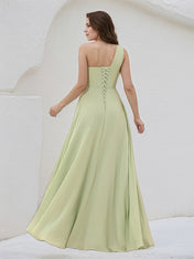 A Line Sage Chiffon One Shoulder Sleeveless Dress With High Slit