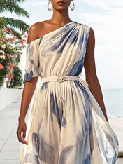 Blue Printing Asymmetric Chiffon One Shoulder Short Sleeve A-Line Maxi Dress