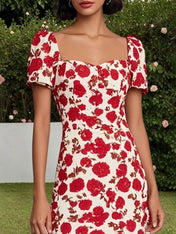 Red Floral Sweetheart Neckline Mermaid Midi Dress