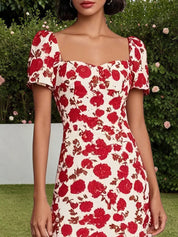 Red Floral Sweetheart Neckline Mermaid Midi Dress