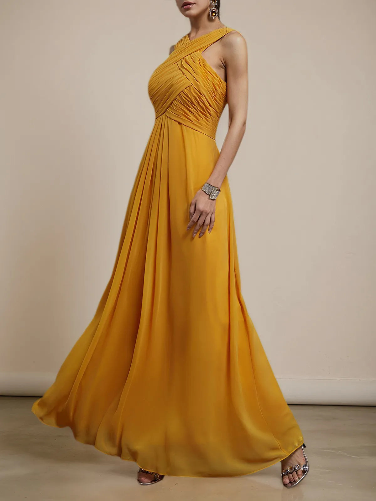 Yellow Pleated Cross Neck Sleeveless A-Line Maxi Chiffon Bridesmaid Dress