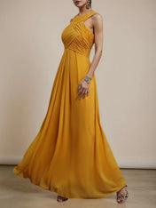 Yellow Pleated Cross Neck Sleeveless A-Line Maxi Chiffon Bridesmaid Dress