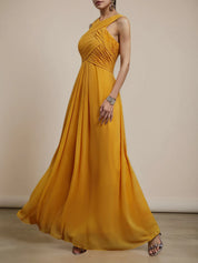 Yellow Pleated Cross Neck Sleeveless A-Line Maxi Chiffon Bridesmaid Dress