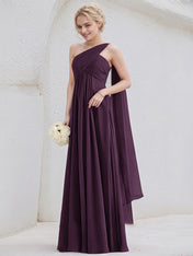 Grape A-Line One Shoulder Floor-Length Chiffon Bridesmaid Dress With Ruffle