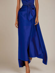 Navy Blue Satin V Neck Short Sleeveless Ankle Length Dress