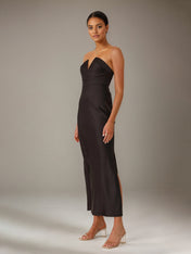 Black Satin Sheath/Column V Neck Ankle Length Bridesmaid Dresses