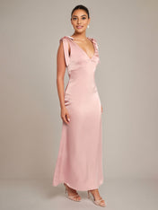 Pink Satin A Line V Neck Sleeveless Floor Length Bridesmaid Dress With Bow