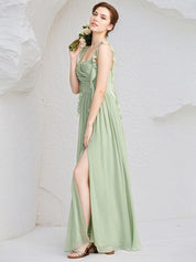 Mint Green Chiffon A Line Square Neck Sleeveless Floor Length Bridesmaid Dress with Ruffle