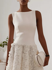 White 3D Floral Boat Neck A-Line Midi Dress