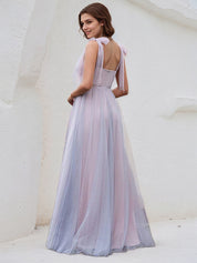 Pink Tulle A Line Spaghetti Straps Sleeveless Floor Length Bridesmaid Dress With Applique