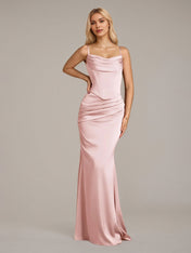Pink Sheath/Column Satin Off The Shoulder Sleeveless Floor Length Dress